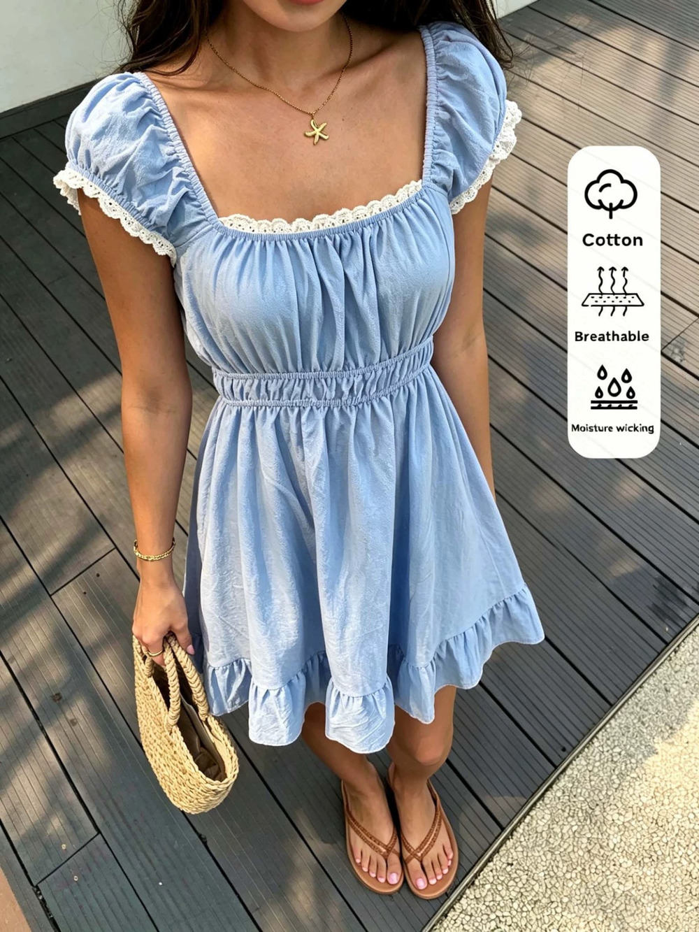 ZARA Summer French Square Neck Puff Sleeve Mini Dress Waist Slimming Lace Trim